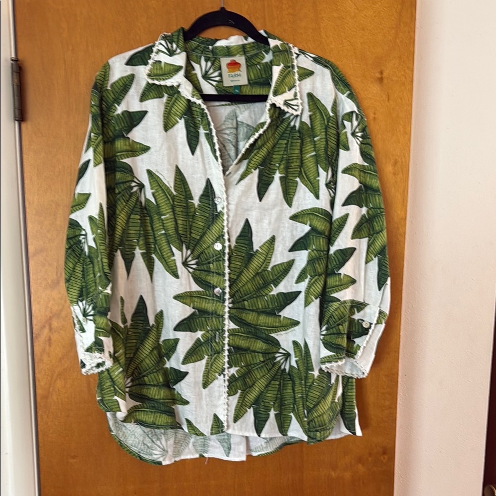 FARM Rio White Tunic Shirt with Green Palm Print